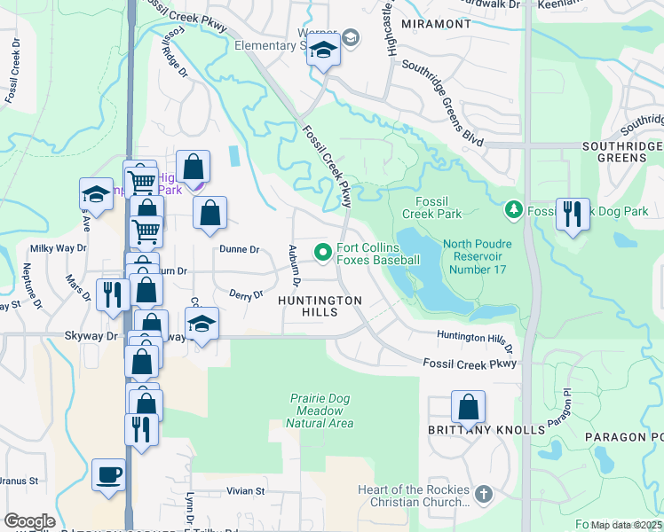 map of restaurants, bars, coffee shops, grocery stores, and more near 544 Dunraven Drive in Fort Collins