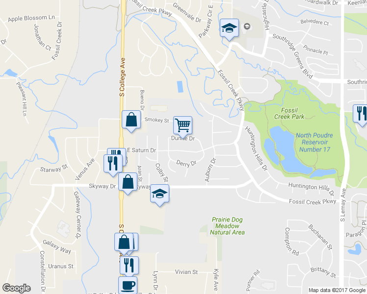 map of restaurants, bars, coffee shops, grocery stores, and more near 336 East Saturn Drive in Fort Collins