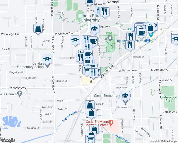 map of restaurants, bars, coffee shops, grocery stores, and more near 609 South Main Street in Normal