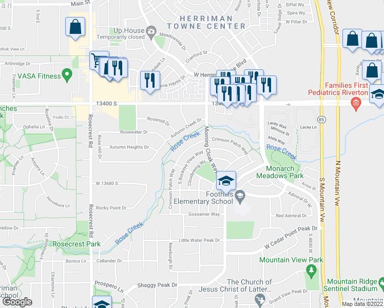 map of restaurants, bars, coffee shops, grocery stores, and more near 13578 South Buckeye View Way in Riverton