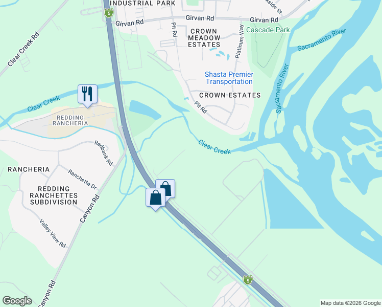 map of restaurants, bars, coffee shops, grocery stores, and more near 8025 Eastside Road in Redding
