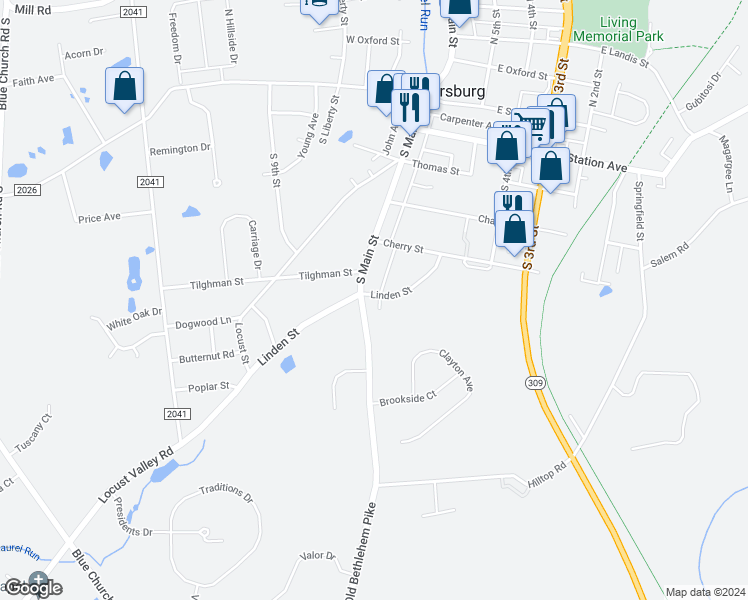 map of restaurants, bars, coffee shops, grocery stores, and more near 629 Linden Street in Coopersburg