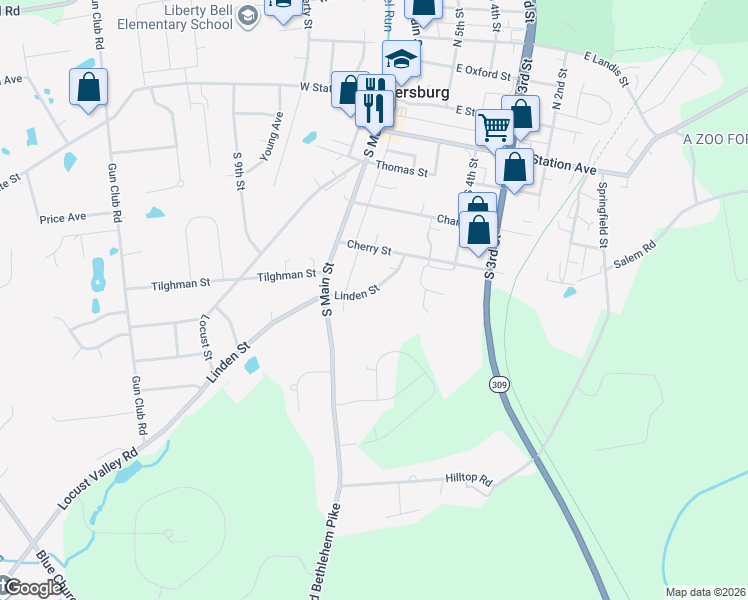 map of restaurants, bars, coffee shops, grocery stores, and more near 463 Linden Street in Coopersburg