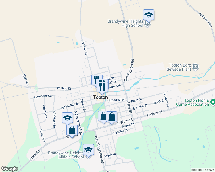 map of restaurants, bars, coffee shops, grocery stores, and more near 45 Centre Avenue in Topton