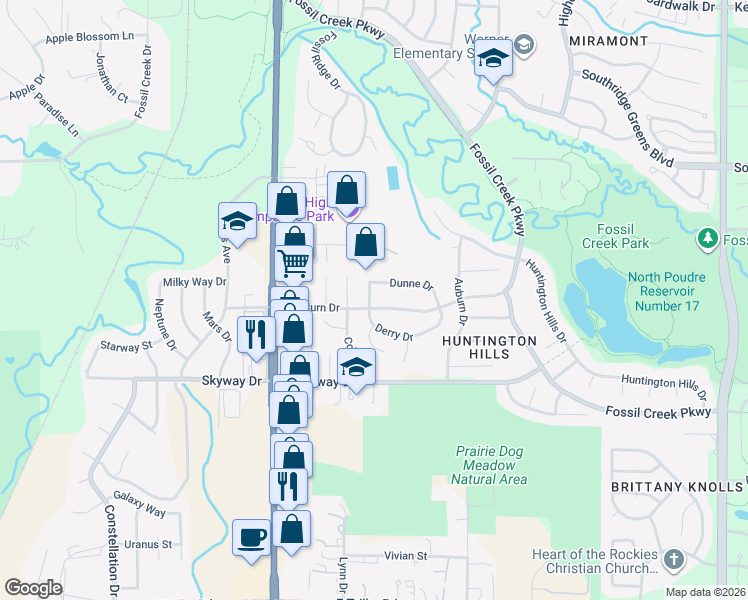 map of restaurants, bars, coffee shops, grocery stores, and more near 5807 Derry Drive in Fort Collins