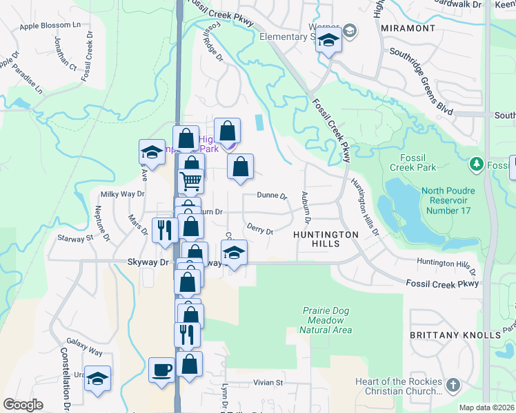 map of restaurants, bars, coffee shops, grocery stores, and more near 336 East Saturn Drive in Fort Collins
