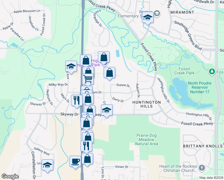 map of restaurants, bars, coffee shops, grocery stores, and more near 5807 Derry Drive in Fort Collins