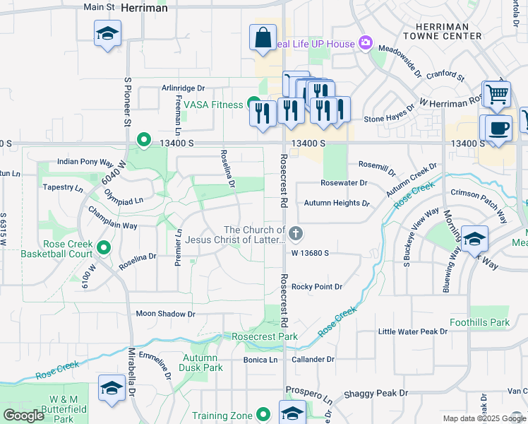 map of restaurants, bars, coffee shops, grocery stores, and more near 5679 Hitching Post Court in Herriman