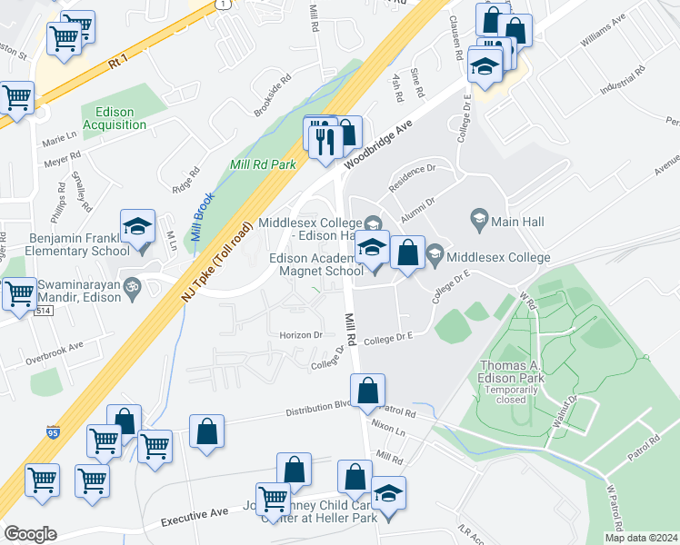map of restaurants, bars, coffee shops, grocery stores, and more near 16 Horizon Drive in Edison