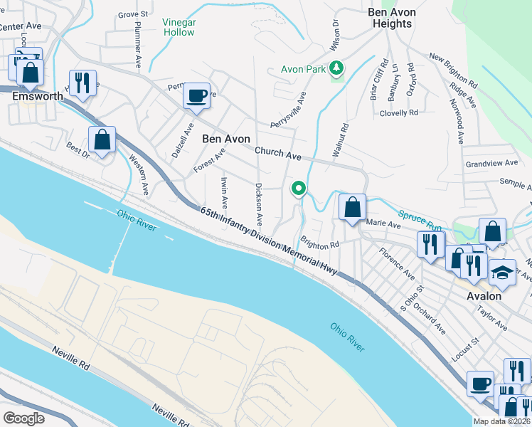 map of restaurants, bars, coffee shops, grocery stores, and more near 126 Dickson Avenue in Pittsburgh