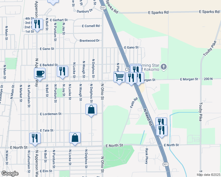 map of restaurants, bars, coffee shops, grocery stores, and more near 1226 East Butler Street in Kokomo