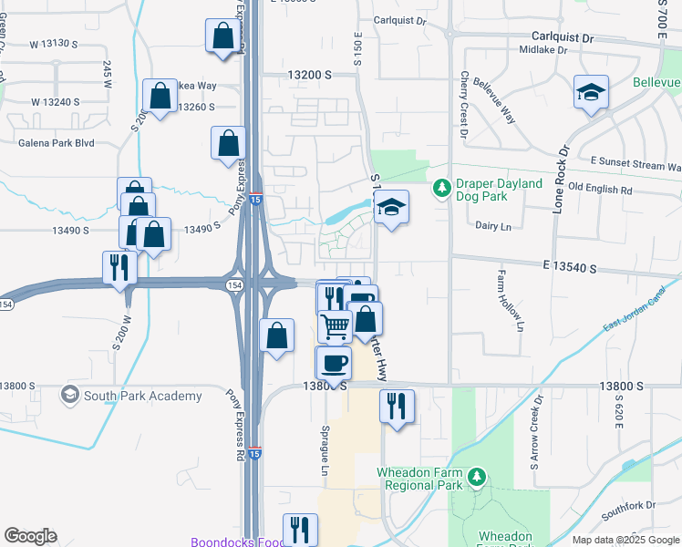 map of restaurants, bars, coffee shops, grocery stores, and more near 13585 Luscerno Drive in Draper