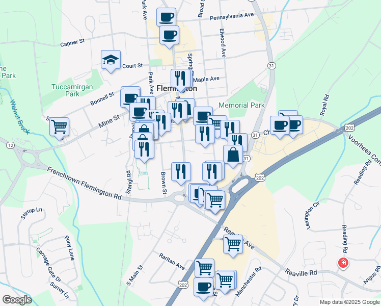 map of restaurants, bars, coffee shops, grocery stores, and more near 180 Main Street in Flemington