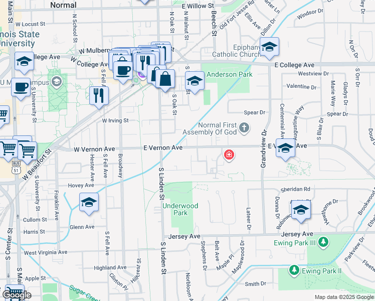 map of restaurants, bars, coffee shops, grocery stores, and more near 215 East Vernon Avenue in Normal