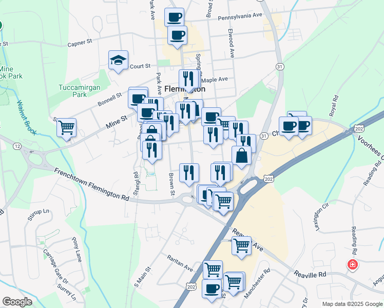map of restaurants, bars, coffee shops, grocery stores, and more near 180 Main Street in Flemington