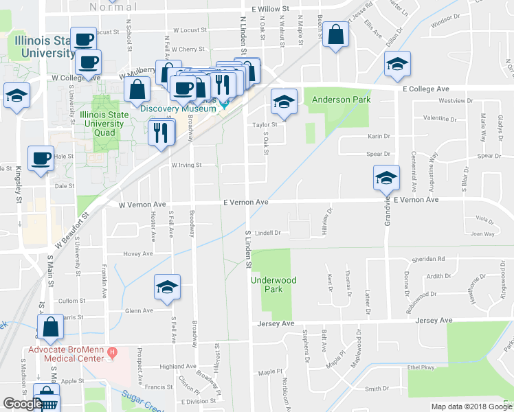 map of restaurants, bars, coffee shops, grocery stores, and more near 203 East Vernon Avenue in Normal