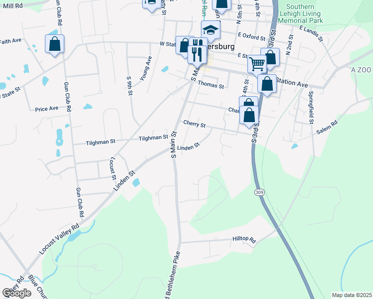 map of restaurants, bars, coffee shops, grocery stores, and more near 506 Linden Street in Coopersburg
