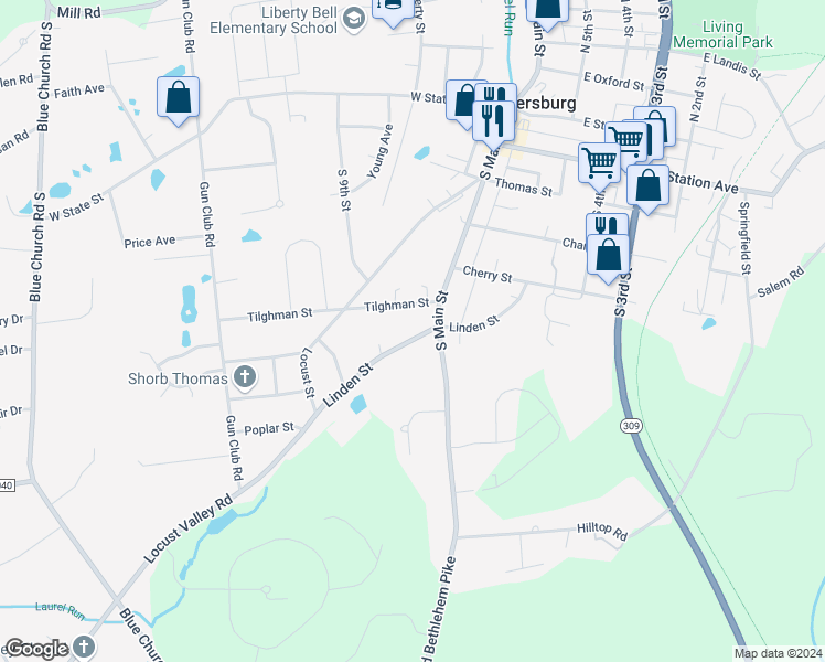 map of restaurants, bars, coffee shops, grocery stores, and more near 643 Linden Street in Coopersburg