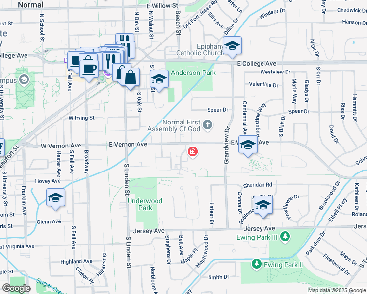 map of restaurants, bars, coffee shops, grocery stores, and more near 403 East Vernon Avenue in Normal