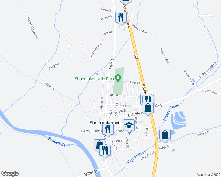 map of restaurants, bars, coffee shops, grocery stores, and more near 801 Main Street in Shoemakersville