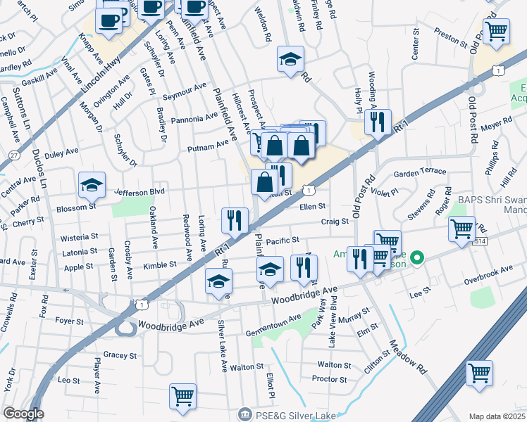 map of restaurants, bars, coffee shops, grocery stores, and more near 485 Plainfield Avenue in Edison