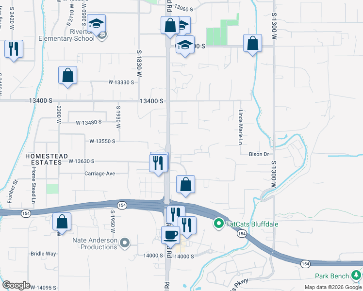 map of restaurants, bars, coffee shops, grocery stores, and more near 13567 South Redwood Road in Riverton