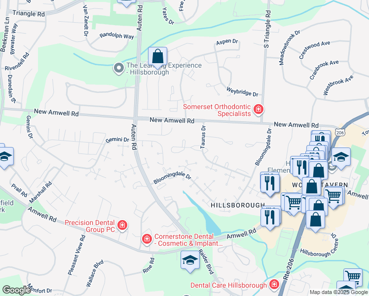 map of restaurants, bars, coffee shops, grocery stores, and more near 501 Windsor Court in Hillsborough Township