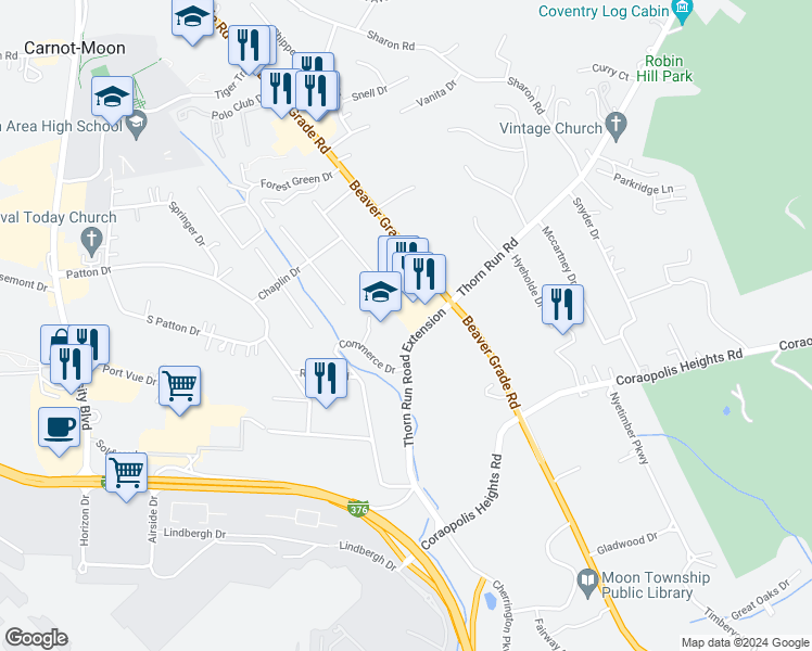 map of restaurants, bars, coffee shops, grocery stores, and more near 1140 Thorn Run Road in Coraopolis