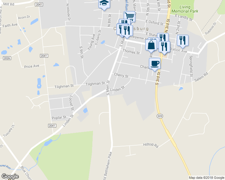 map of restaurants, bars, coffee shops, grocery stores, and more near 609 Linden Street in Coopersburg