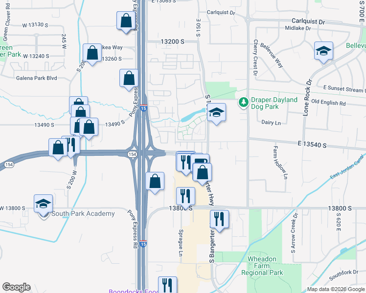 map of restaurants, bars, coffee shops, grocery stores, and more near 13588 South Luscerno Drive in Draper