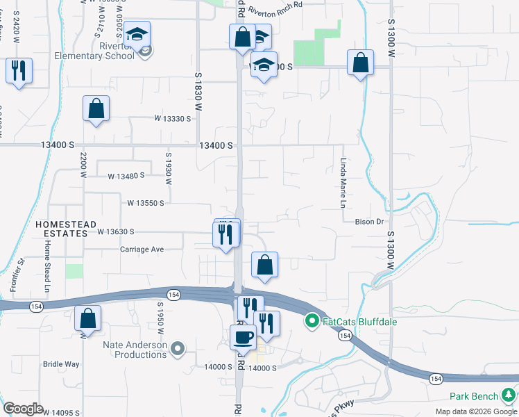 map of restaurants, bars, coffee shops, grocery stores, and more near 13567 South Redwood Road in Riverton
