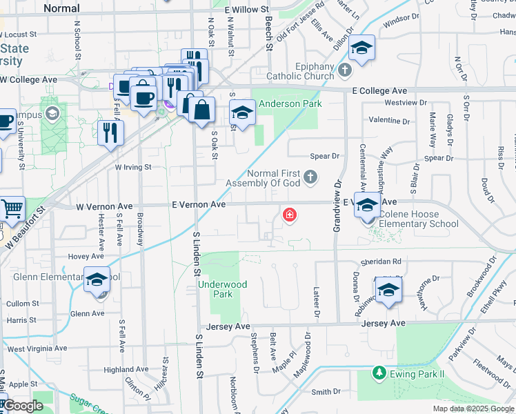 map of restaurants, bars, coffee shops, grocery stores, and more near 327 East Vernon Avenue in Normal