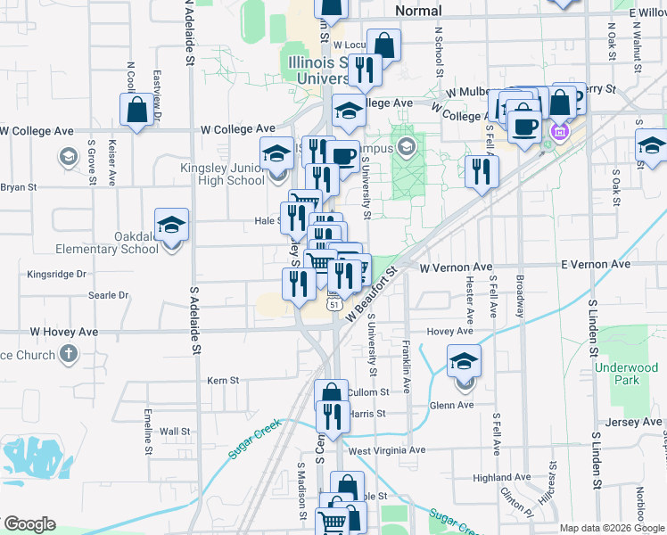 map of restaurants, bars, coffee shops, grocery stores, and more near 609 South Main Street in Normal