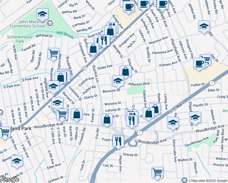 map of restaurants, bars, coffee shops, grocery stores, and more near 45 Lilac Street in Edison