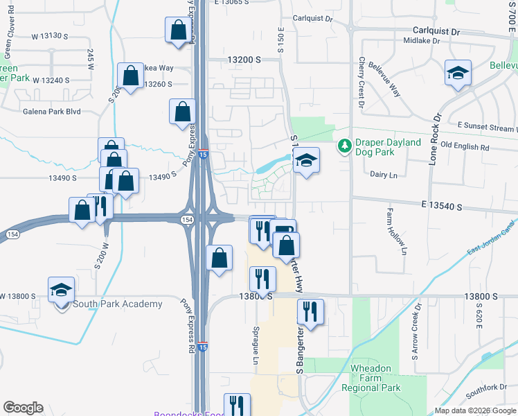 map of restaurants, bars, coffee shops, grocery stores, and more near 13588 South Luscerno Drive in Draper