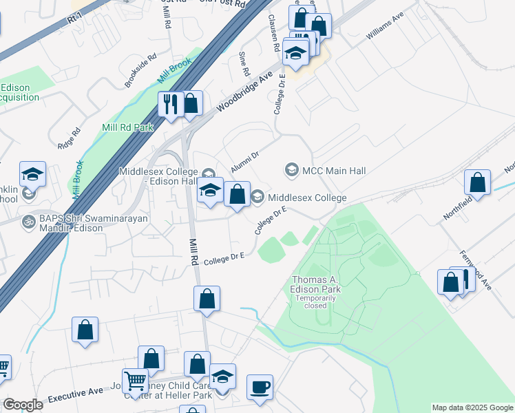 map of restaurants, bars, coffee shops, grocery stores, and more near 2600 Woodbridge Avenue in Edison