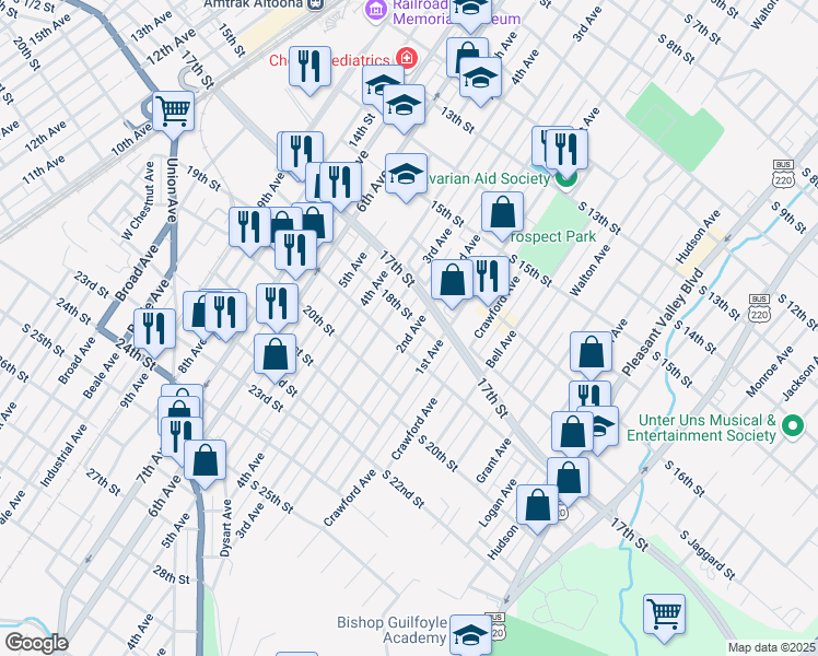map of restaurants, bars, coffee shops, grocery stores, and more near 109-09 1/2 18th Street in Altoona