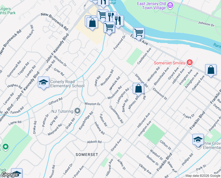 map of restaurants, bars, coffee shops, grocery stores, and more near 24 Newkirk Road in Franklin Township
