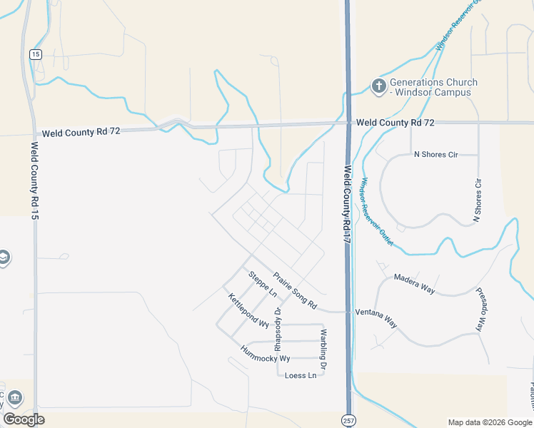 map of restaurants, bars, coffee shops, grocery stores, and more near 34751 Colorado 257 in Windsor