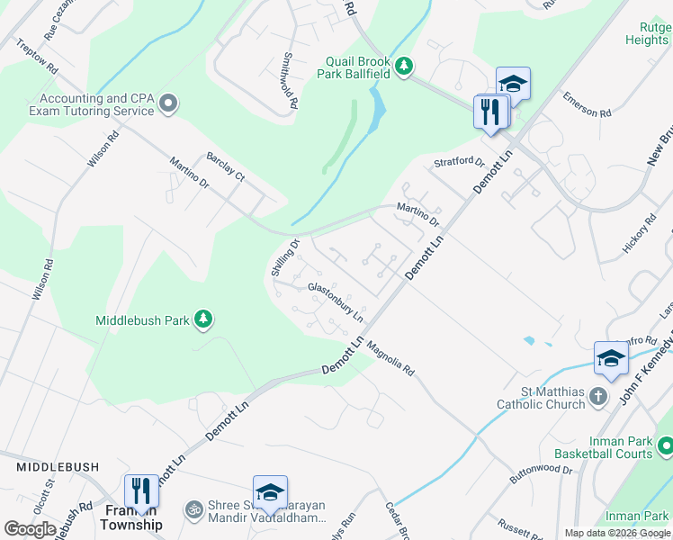 map of restaurants, bars, coffee shops, grocery stores, and more near 81 Winchester Way in Franklin Township