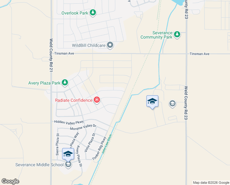 map of restaurants, bars, coffee shops, grocery stores, and more near 1438 Moraine Valley Drive in Severance