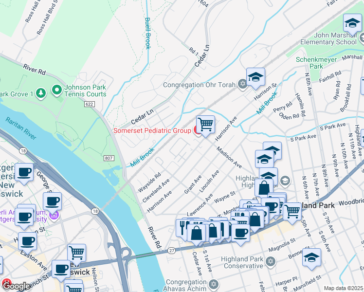 map of restaurants, bars, coffee shops, grocery stores, and more near 902 Greenland Square in Highland Park