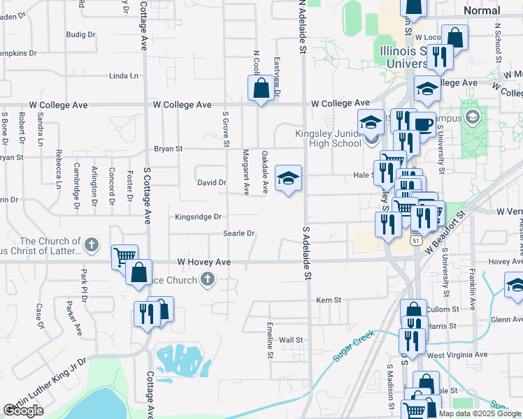 map of restaurants, bars, coffee shops, grocery stores, and more near 1300b Kingsridge Court in Normal