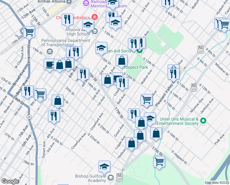 map of restaurants, bars, coffee shops, grocery stores, and more near 1614 Crawford Avenue in Altoona
