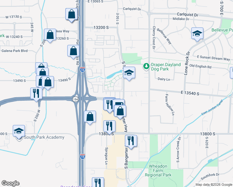 map of restaurants, bars, coffee shops, grocery stores, and more near 13598 Florenza Way in Draper