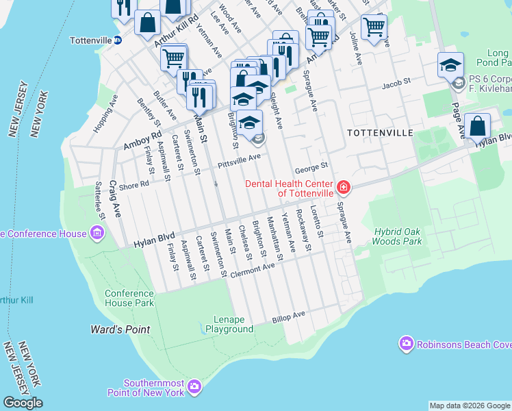 map of restaurants, bars, coffee shops, grocery stores, and more near 221 Chelsea Street in Staten Island