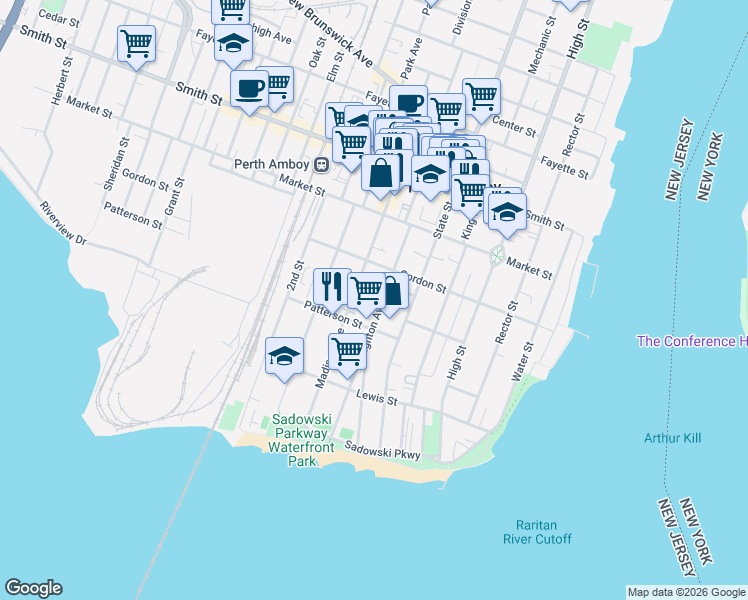 map of restaurants, bars, coffee shops, grocery stores, and more near 162 Brighton Avenue in Perth Amboy