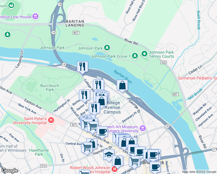 map of restaurants, bars, coffee shops, grocery stores, and more near in New Brunswick