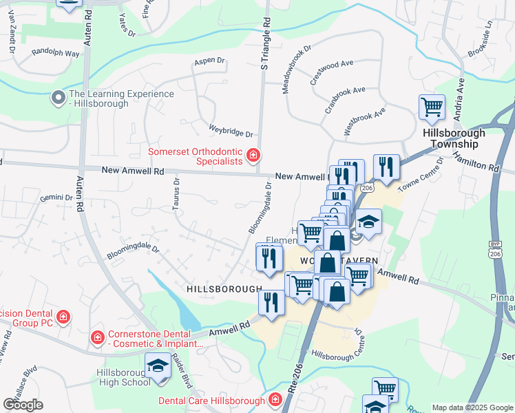 map of restaurants, bars, coffee shops, grocery stores, and more near 7 Bloomingdale Drive in Somerset County