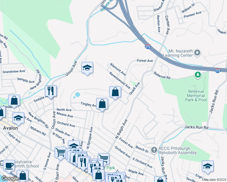 map of restaurants, bars, coffee shops, grocery stores, and more near 500 Highland Place in Pittsburgh